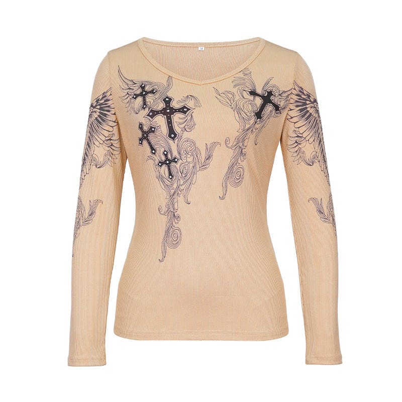 XL / Khaki C0171 2023 Spring Cross Print Round Neck Long Sleeve T-Shirt for Women