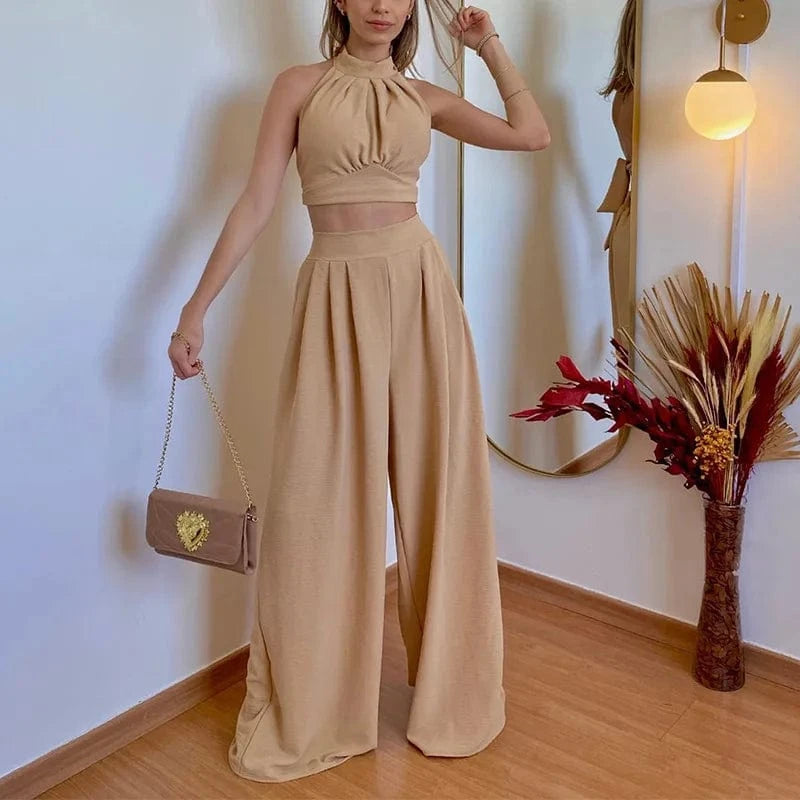 XL / Khaki Lady Solid Two Piece Long Pant Suits Women 2023 Summer Halter Crop Top And High Waist Draped Wide Leg Pant Sets