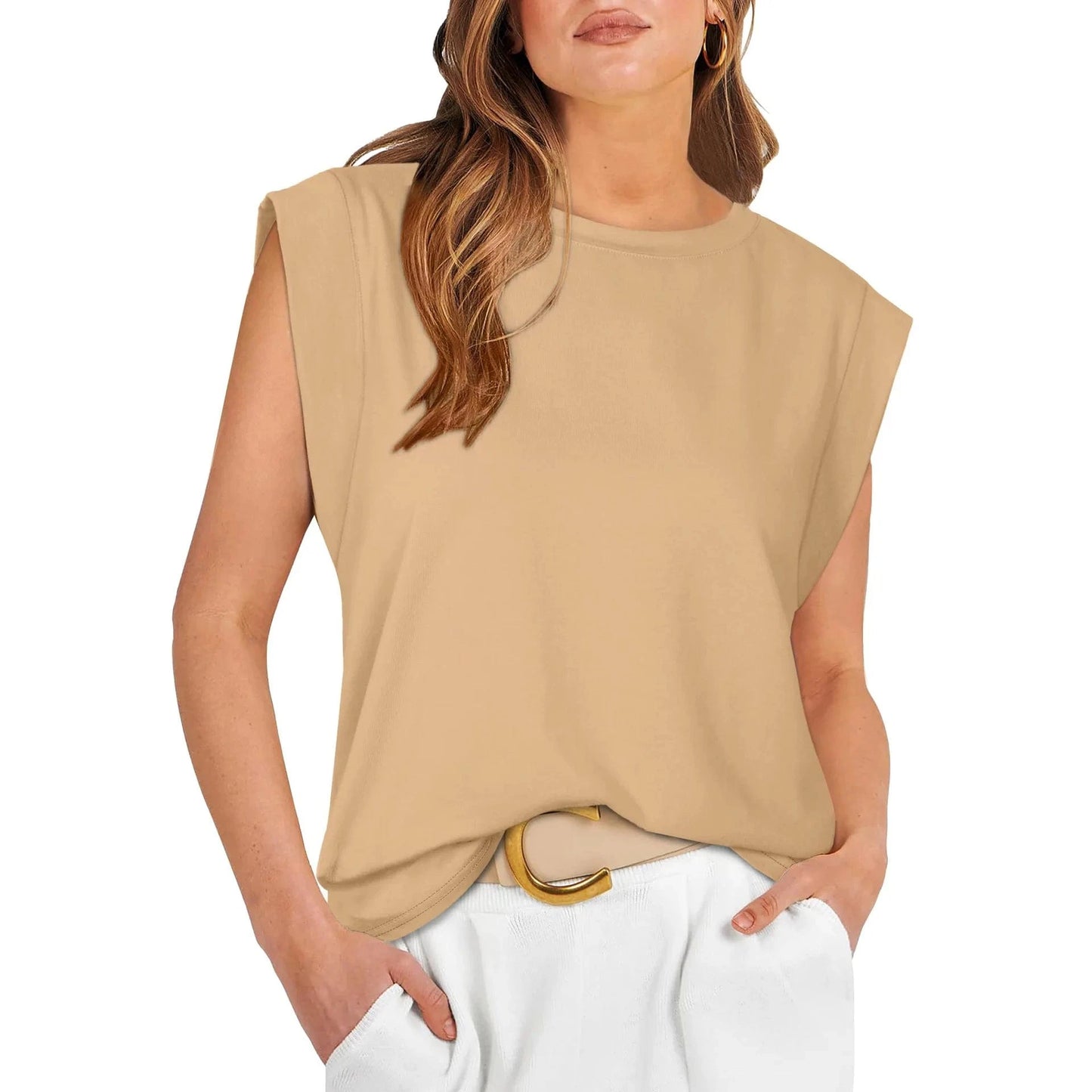 XL / Khaki / Polyester / Cotton Fashion Women O-neck Sleeveless T-shirt Tops Solid Color Cover Shoulder Loose Summer Sleeveless Daily Casual Lady Vest T-shirt