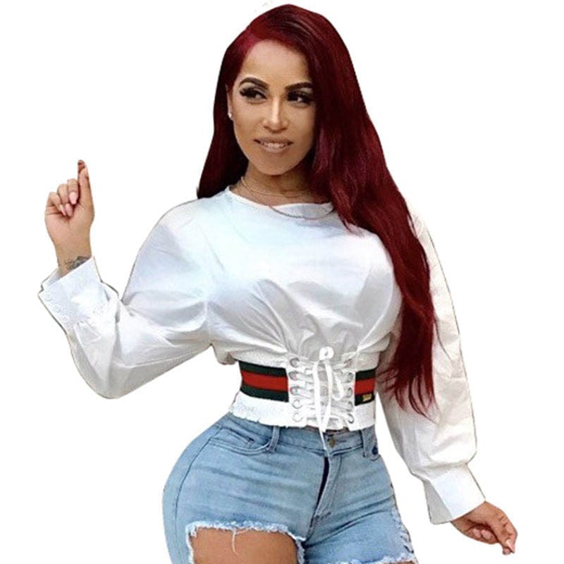 XL / L99170 L99170 Wholesale Women Girls Fashion Solid Color Waist Bandage T-Shirt