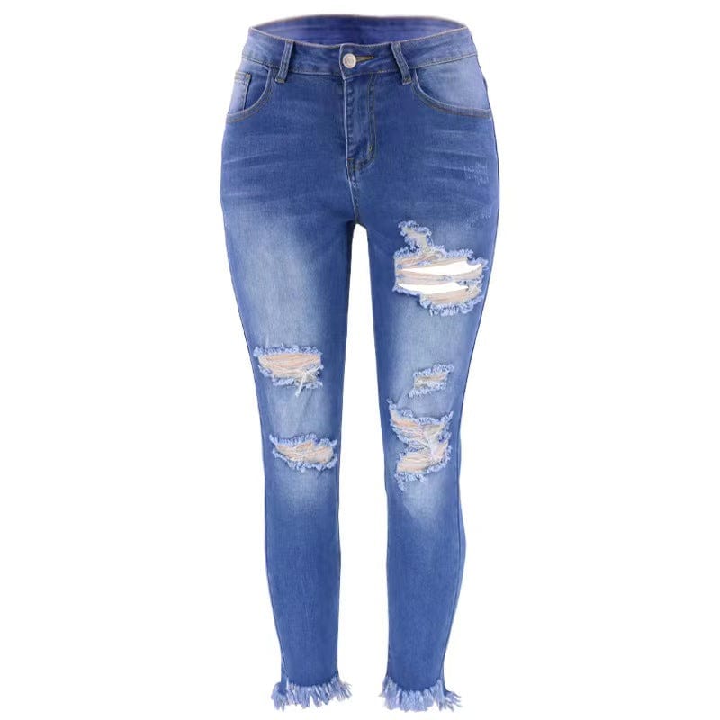 XL / Light Blue J&H 2023 fall fashion distressed jeans women casual hollow out fringe denim pants chic casual slim fit trousers