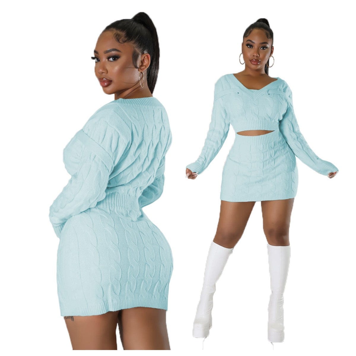 XL / Light Blue kc women High quality v neck cut out sexy fashion pullover navel-baring fall 2022 women clothing sweater dress