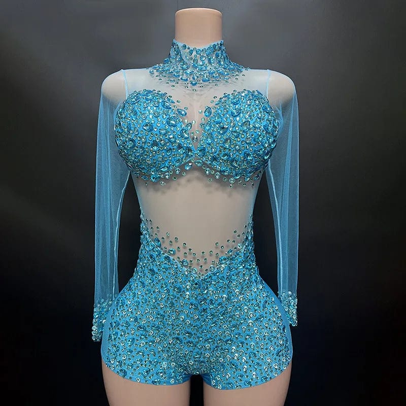 XL / Light Blue Novance Y2113-JD Women Club Wear New Arrivals Rhinestone Romper Women Performance Wear Spandex Sexy Purple Club Catsuit