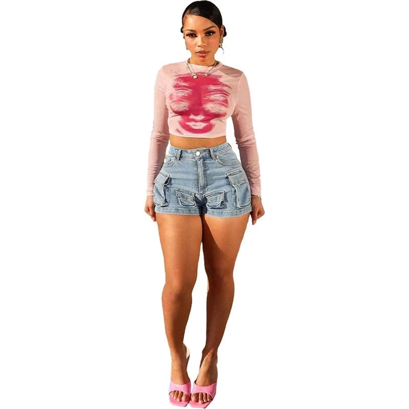 XL / Light Blue summer 2024 female ladies woman Y2K high waist washed jeans denim multi pocket tears cargo shorts with pocket for women sexy