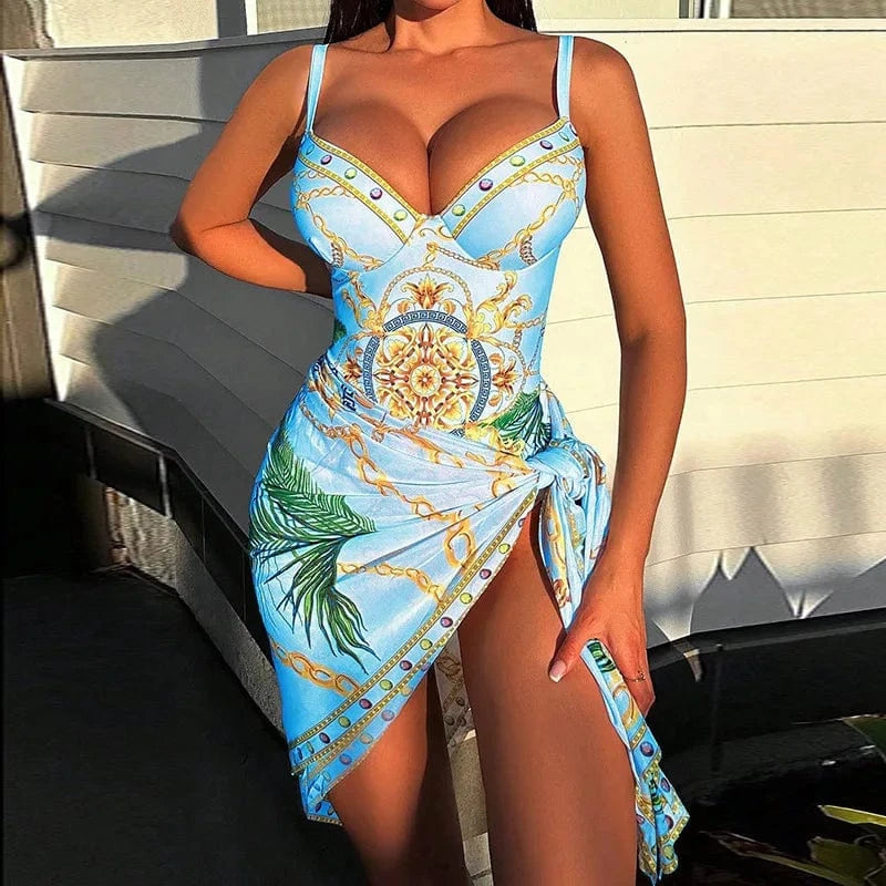 XL / Light Blue Summer Surfing Swimwear 2024 Designer Printing Halter High Waist Swimsuit Cover Ups Bathing Suits For Women