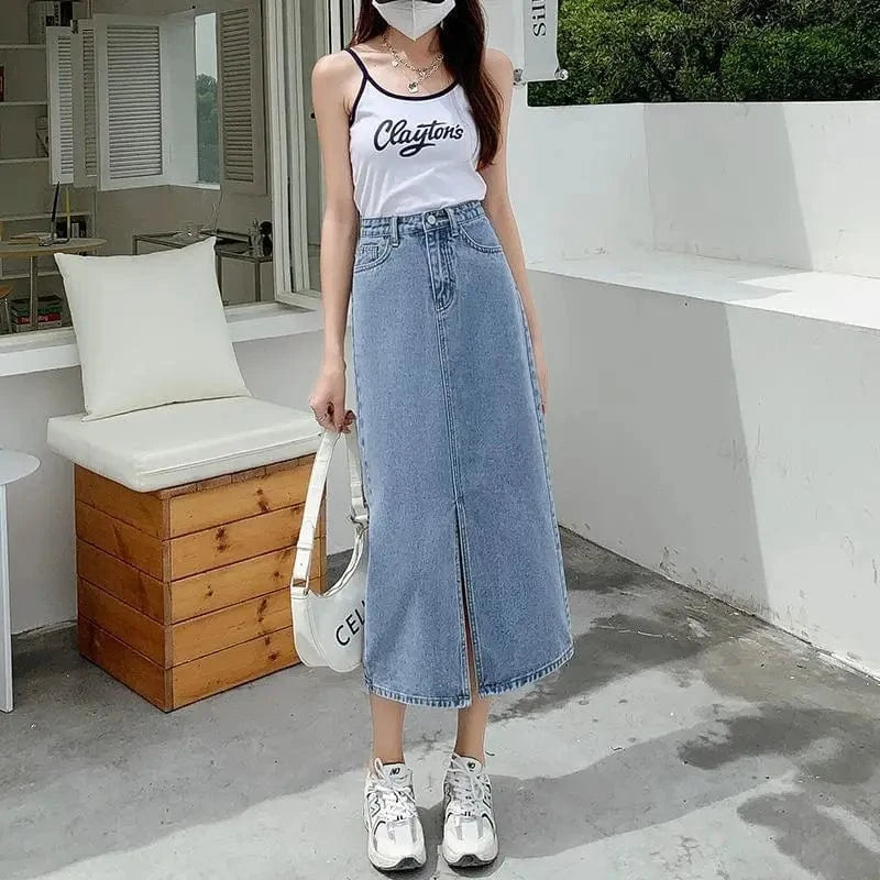 XL / Light Blue Women Fashion New Summer Denim A-line Hight Waist Solid Midi Skirt Casual Loose Color Dress Pencil Casual Skirt