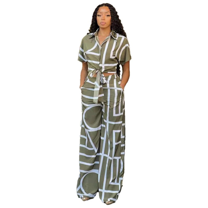 XL / light green BR3082 2023 spring  printed short-sleeved shirt trousers break Women's suit