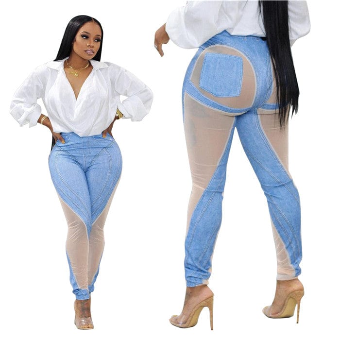 XL / LightBlue H1621-2023 new sexy mesh patchwork tight jeans pant high street style pants women