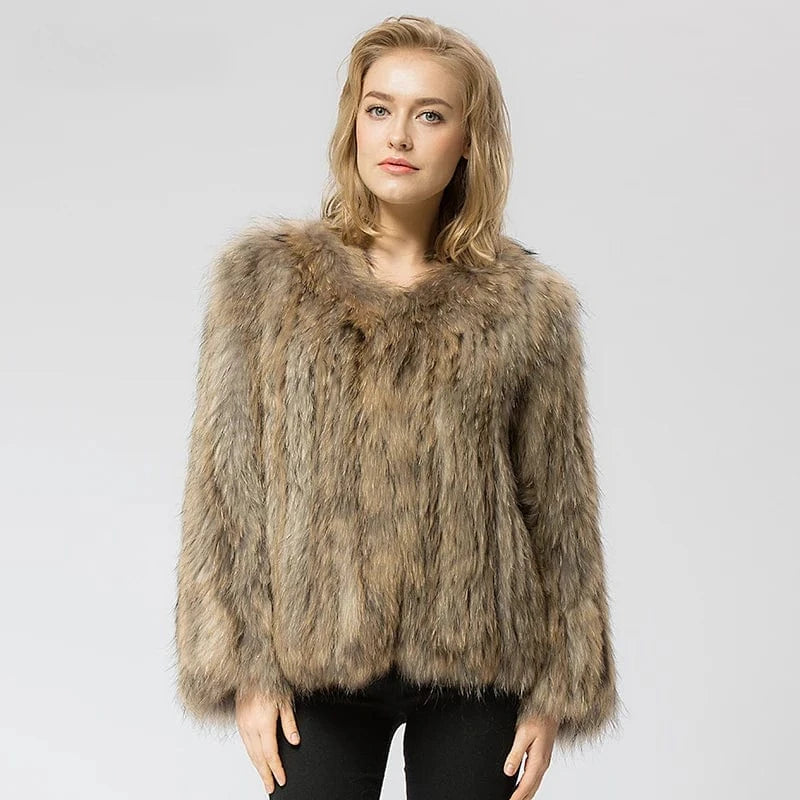 XL / Natural brown Pudi CR035 knit knitted Real raccoon fur coat jacket overcoat high quality women'sr warm genuine fur coat