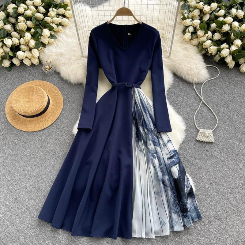 XL / navy blue Autumn Elegant V Neck High Waist Long Sleeve Patchwork Pleated Skirts Print Midi Dress Women Casual Party Dresses Vestidos