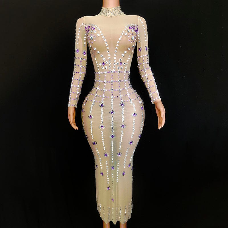 XL / nude NOVANCE evening dress 2023 modest long glittering purple diamonds luxury dresses women elegant ball gown for dinner party