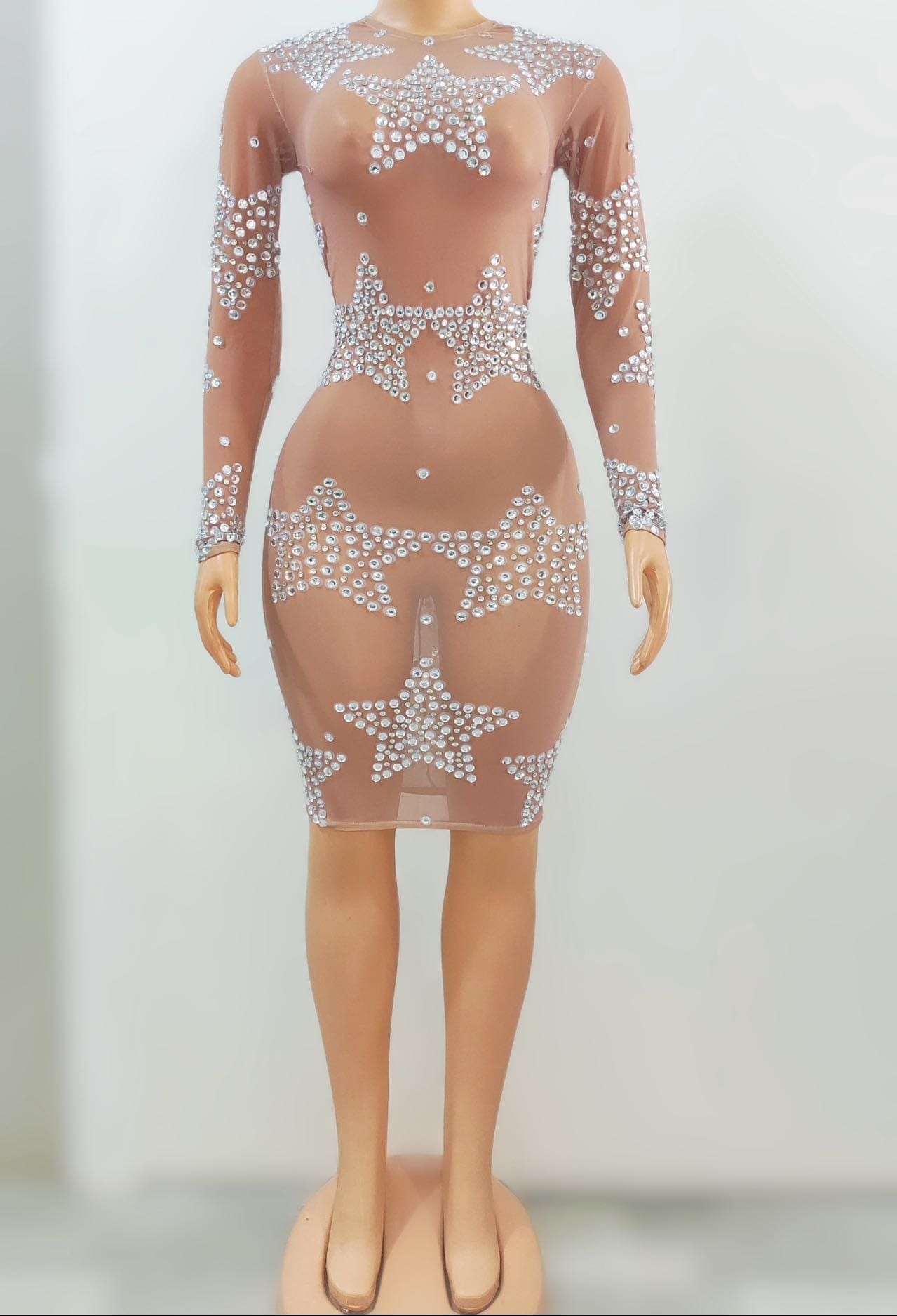 XL / nude NOVANCE new product stars pink see through mesh glittering stones short gown dresses women party sexy evening gown for party