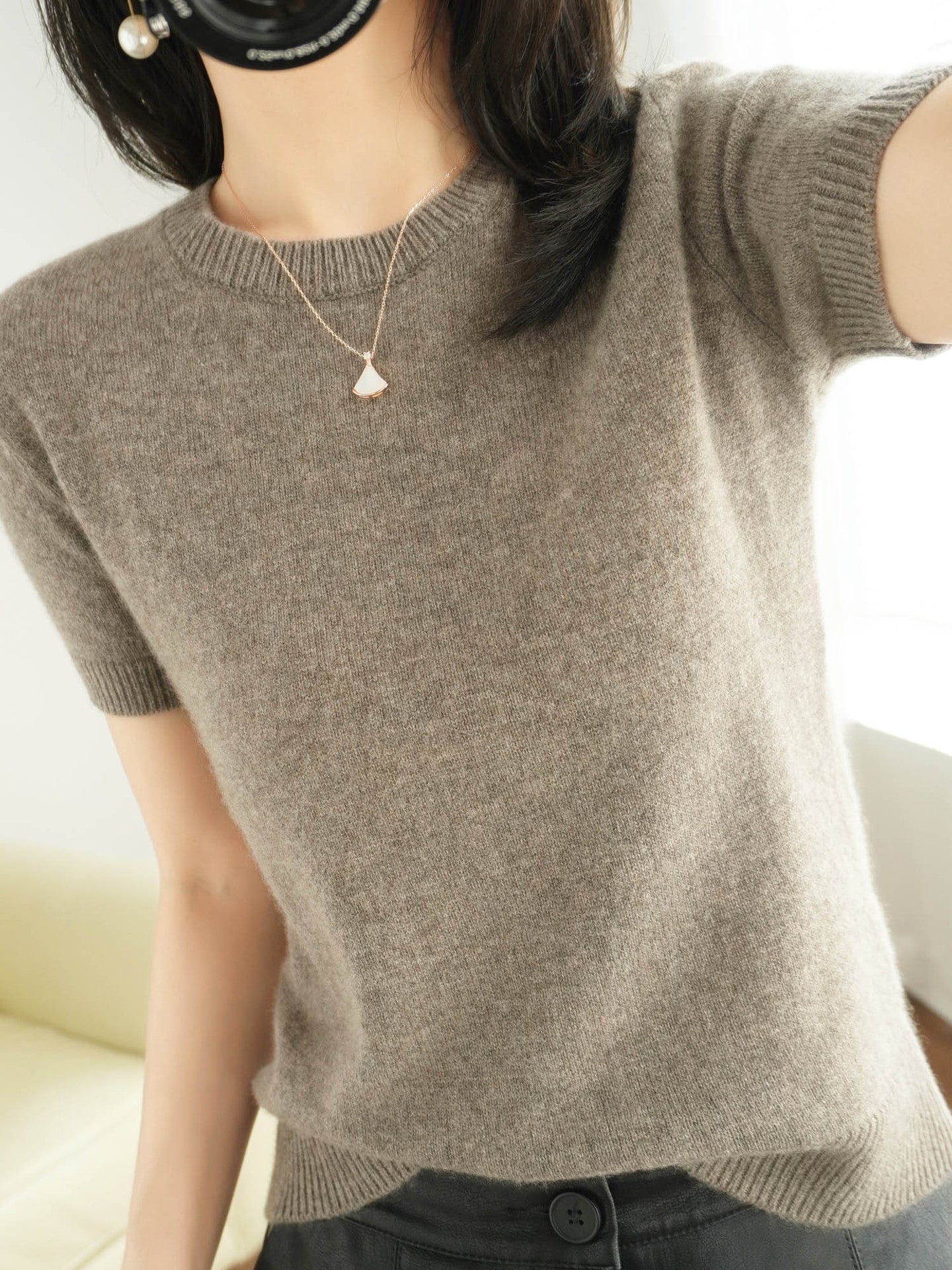 XL / Oatmeal color Pullover Women's Non-Cashmere Round Neck Short Sleeve Loose T-Shirt Inner Sweater Bottoming Spring Autumn Top