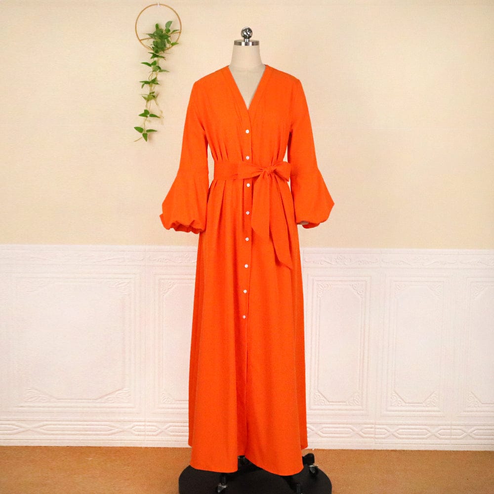 XL / Orange Autumn  Sexy V Neck Puff Sleeves Button Sashes Ladies Casual Dresses