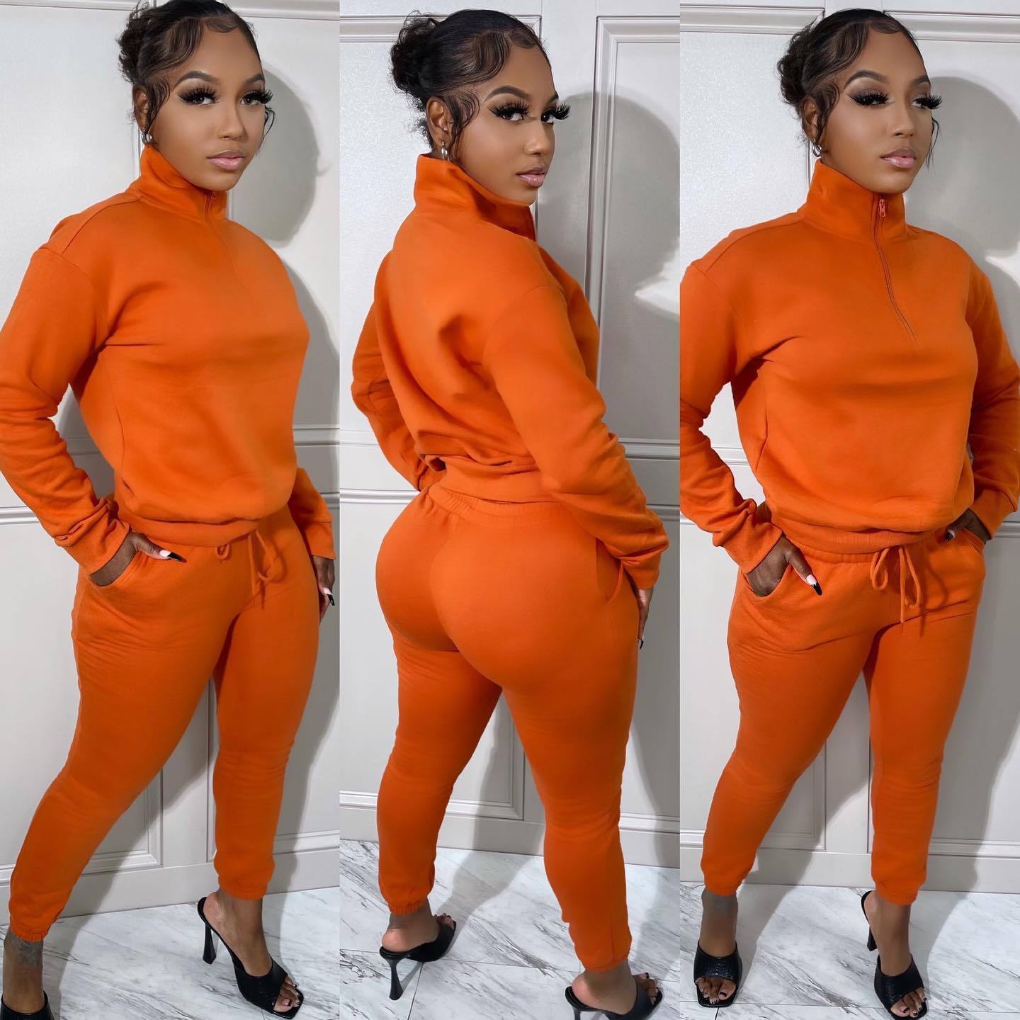 XL / Orange C1103TA40 Latest Casual Solid Color Zipper Two Piece Pants Set F or Women Sehe Fashion