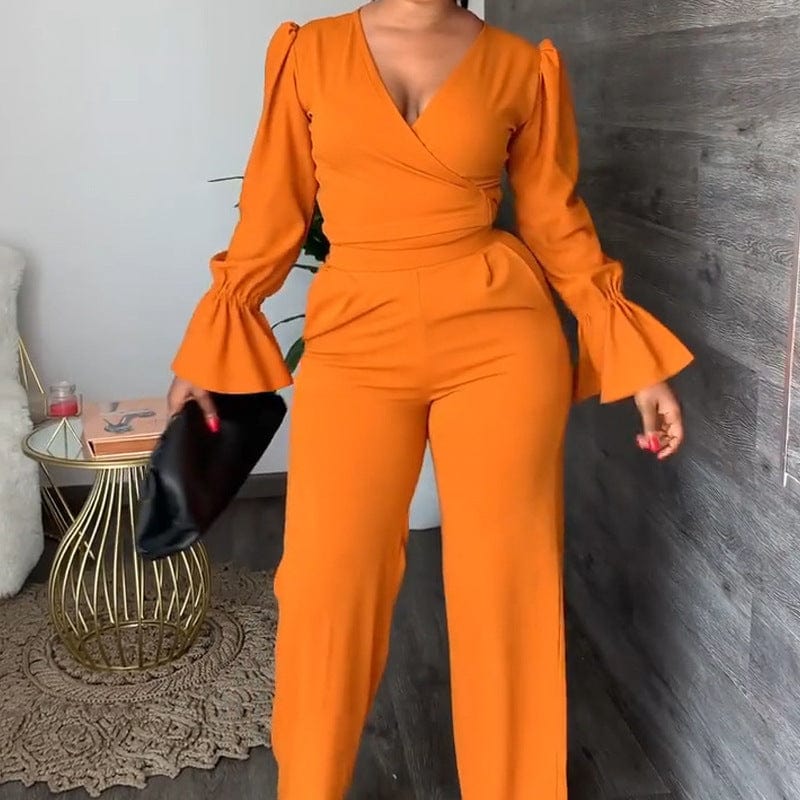 XL / Orange Fall Women's Two-piece Flared Sleeves V-neck Lace-up Top And Trousers Fashion Casual Suit