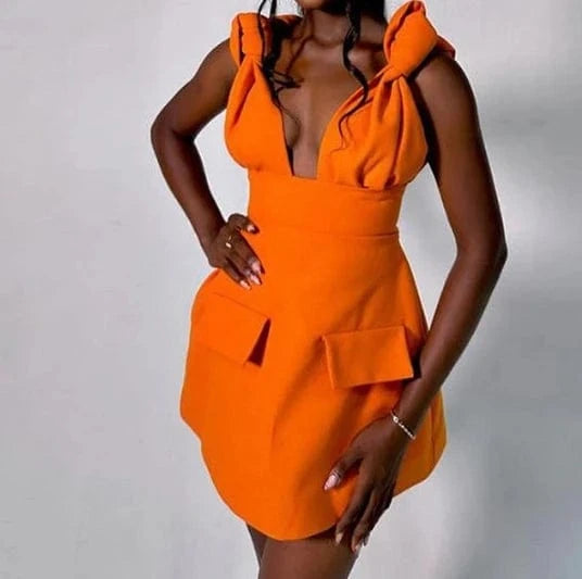 XL / Orange Fengway 2024 Solid Color Sling Sleeveless Dress Womens Sexy V Neck Dress Fashion High Waist A-Line Dresses