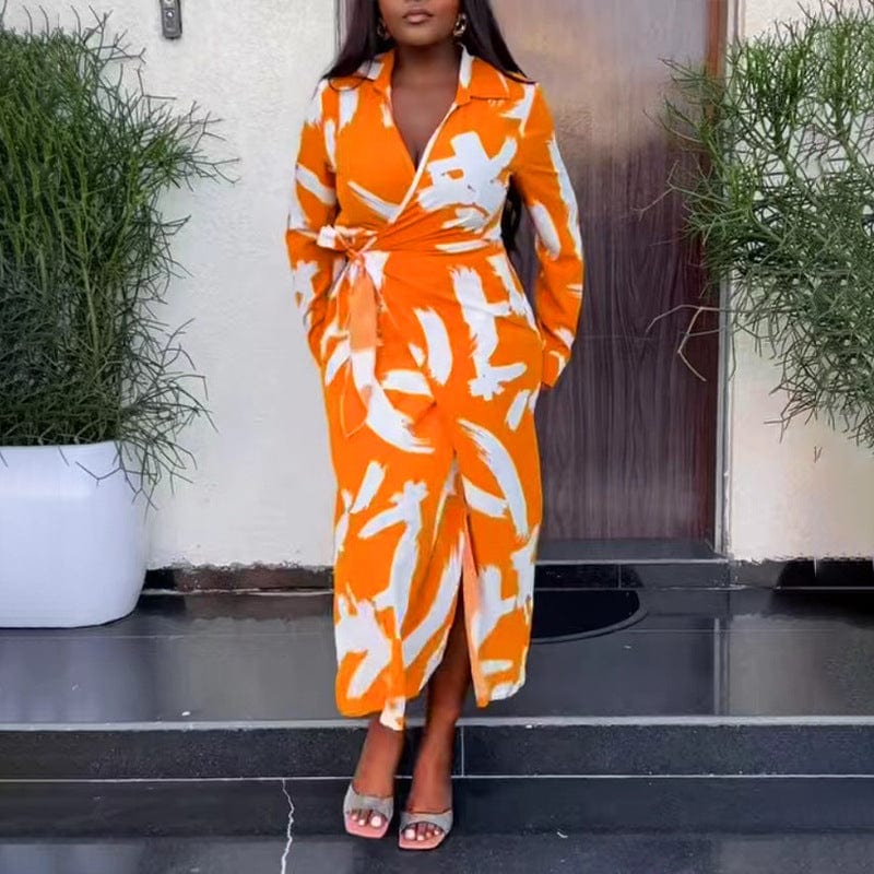 XL / Orange New One-Piece Fashionable Printing Cross Tie V-Neck Mid Waist Temperament Commuter Dress Office Wear Elegant Dresses