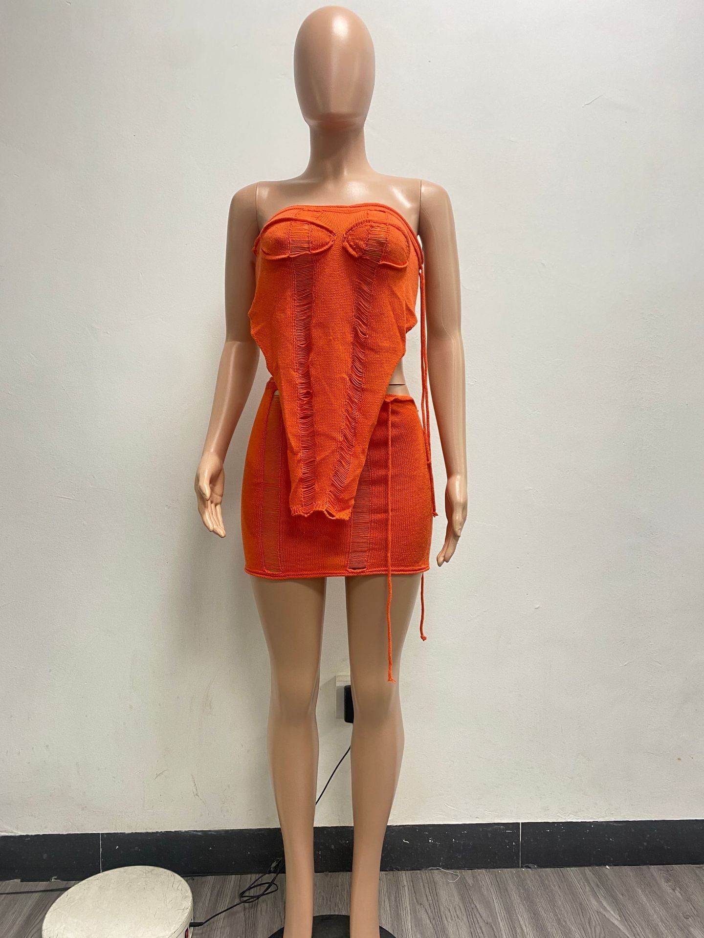 XL / Orange New Trendy Summer Knitted Sexy Sleeveless Strapless Tube Top Mini Skirt Beach Club Wear Two 2 Piece Set Women