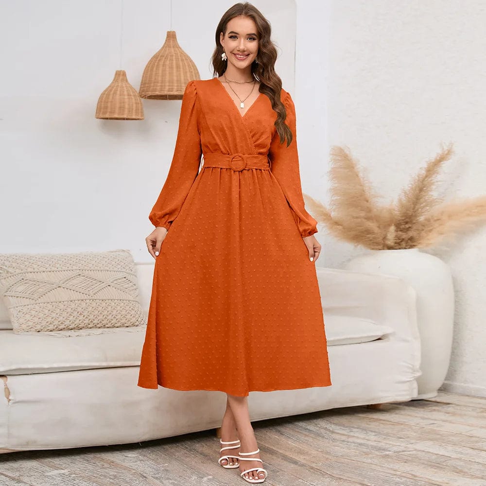 XL / Orange New V-neck Long Sleeve Printed Solid Color Waist Loose Spring  Autumn Daily Commute Casual  Women Lady Long Dress