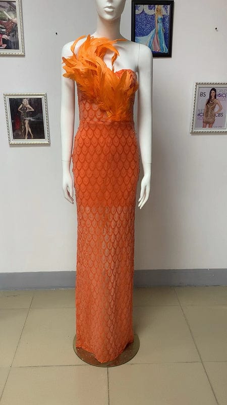 XL / Orange NOVANCE 2023 new arrivals elegant feather unique orange dress women bling sequins long gown robe soiree for evening party