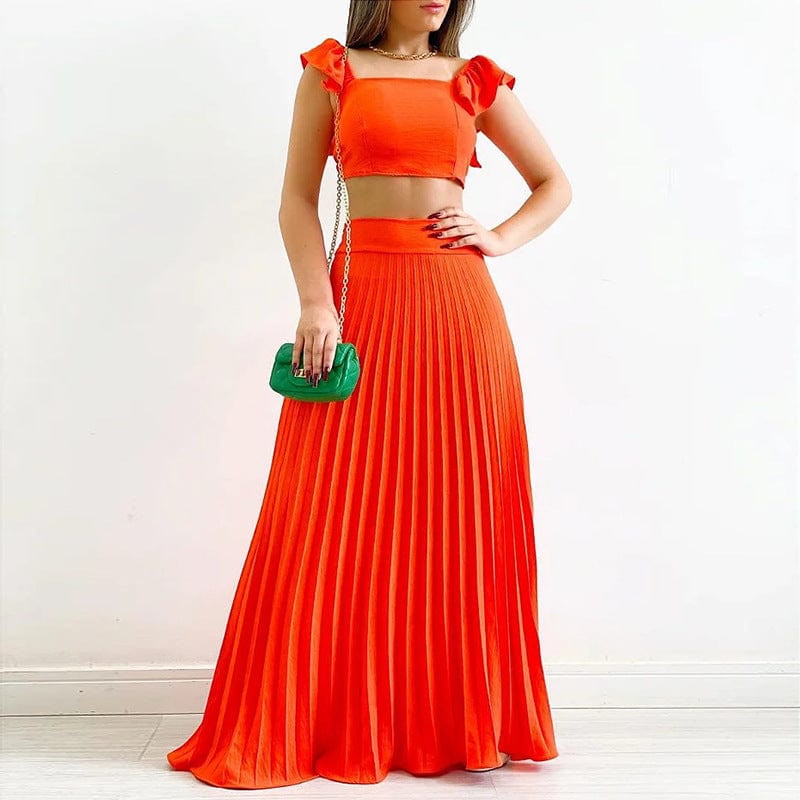 XL / Orange-red New Trendy Summer Skirt And Top Set For Women Short Tank Top High Waist Maxi Pleated Skirt Set Women 2 Piece Outfits