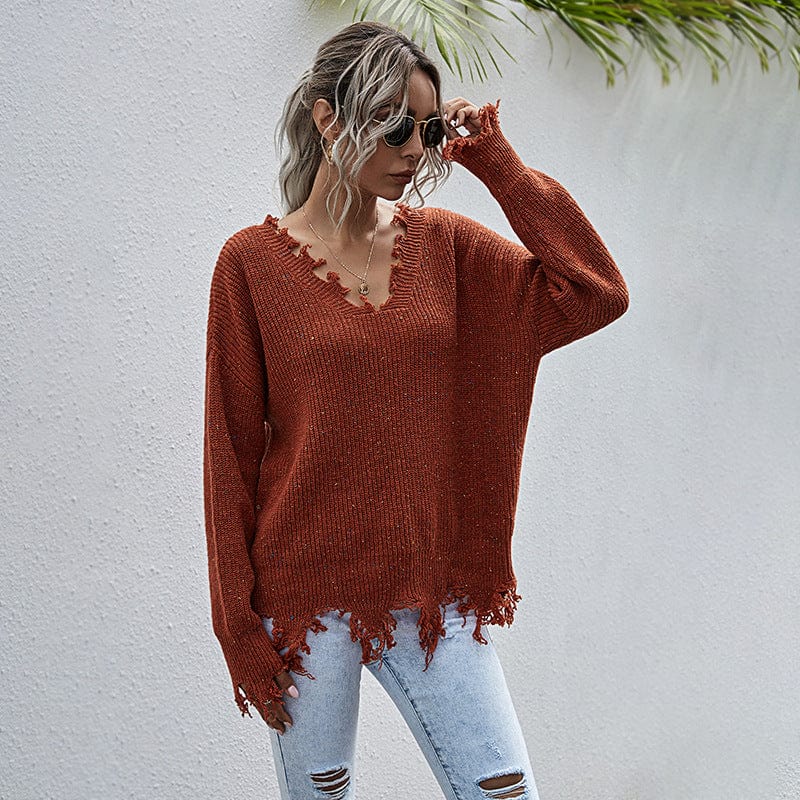 XL / Orange Red Sexy Sweater Women's 2022 Autumn And Winter New V-Neck Pullover Fringed Colorful Dot