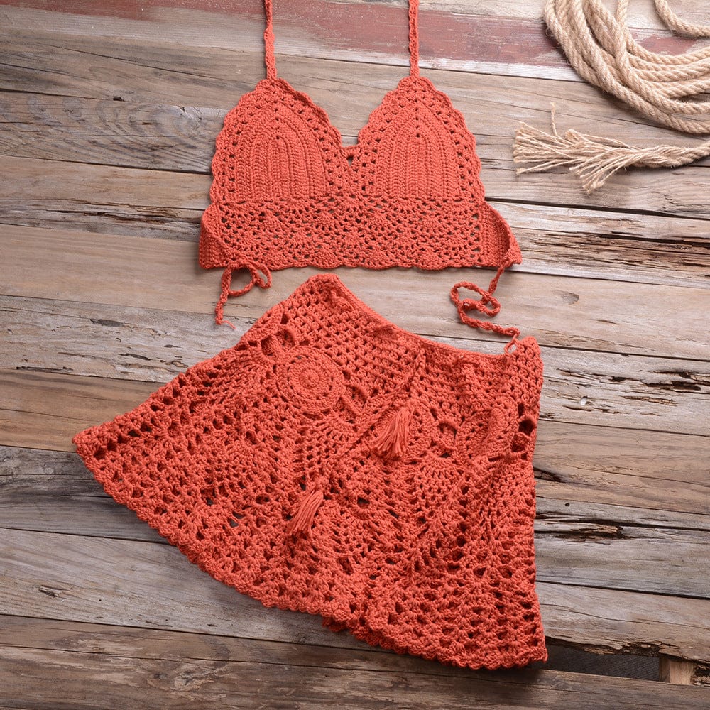 XL / Orange red STYZ-6905+5909  Eco friendly swimwear women's crochet swimwear hand knit sexy split bikini suit ladies beachwear