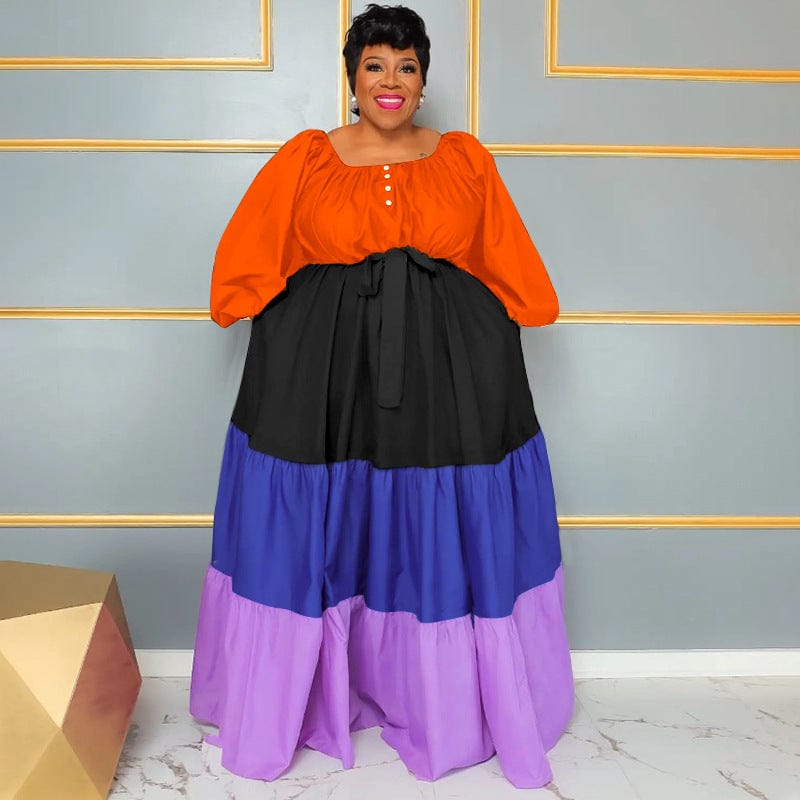 XL / Orange Spring/Summer New Fashion Color Matching Round Neck Long Sleeve Pleated Large Women's Fashion Loose Maxi Dress
