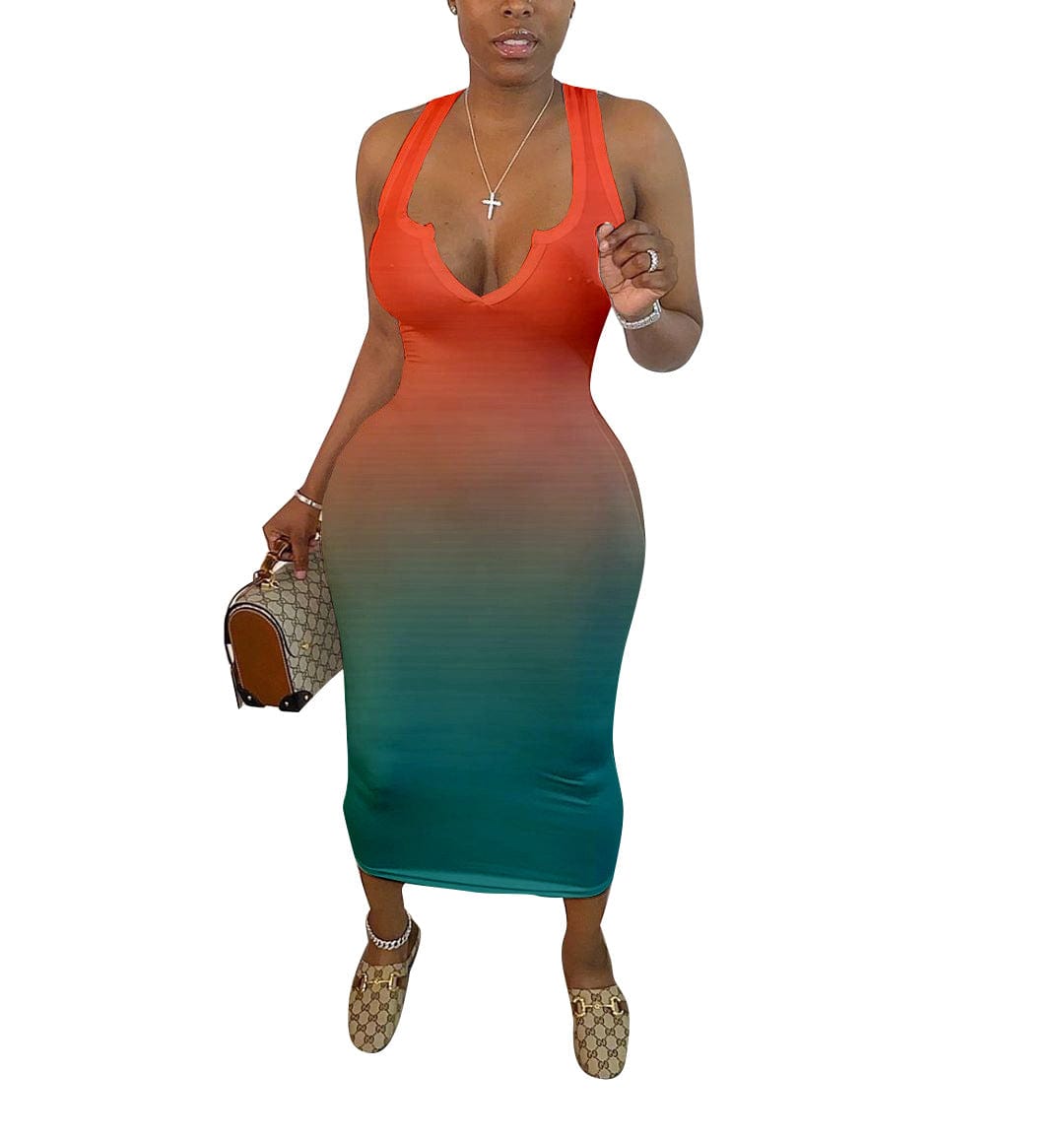 XL / Orange Sundresses Women Summer New 2023 Sexy Tight V-neck Sleeveless Gradient Color Two Tone Tank Top Midi Dress