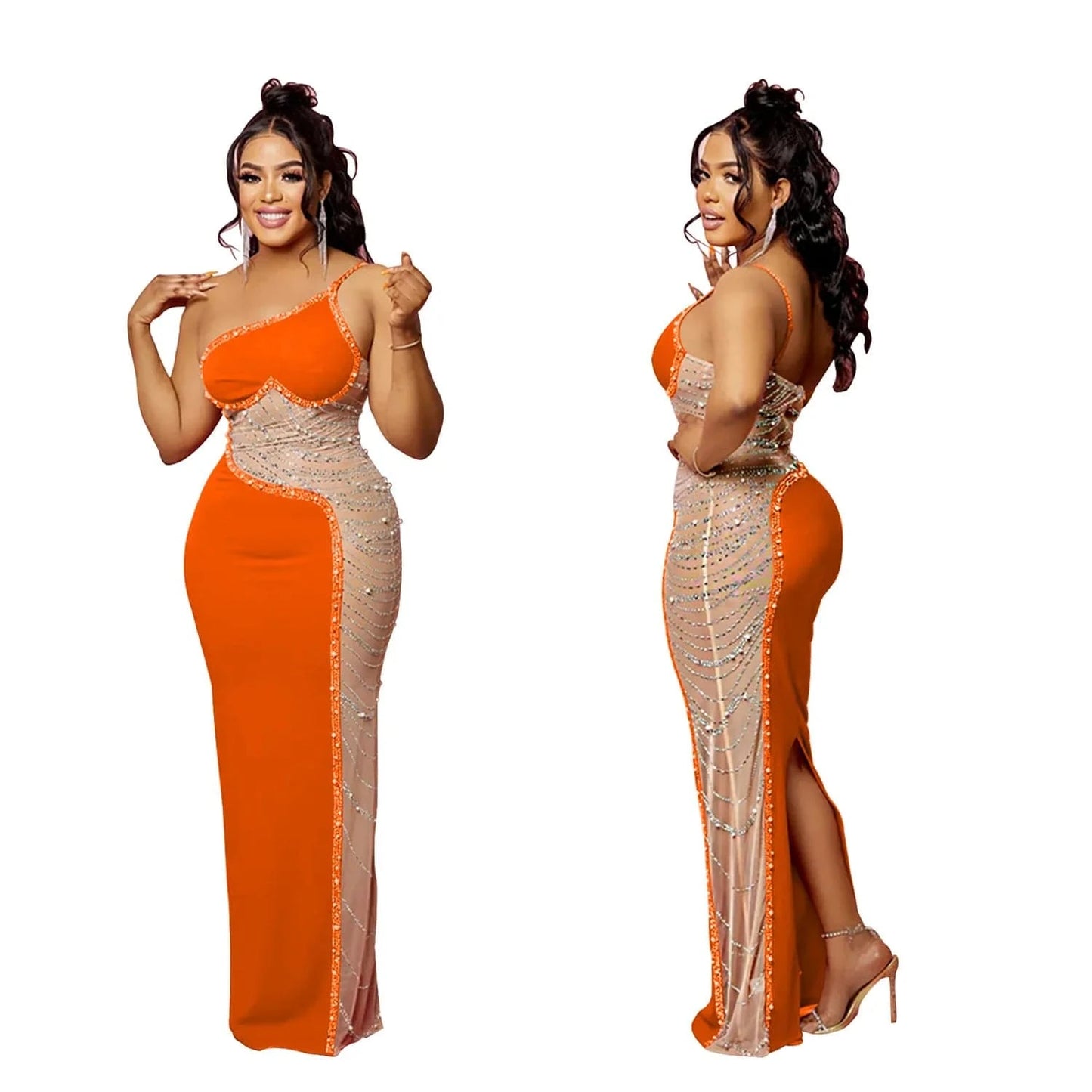 XL / Orange Women One Shoulder Split Long Dress Mesh Patchwork Rhinestone Beaded Dress Sleeveless Sexy Party Evening Dresses
