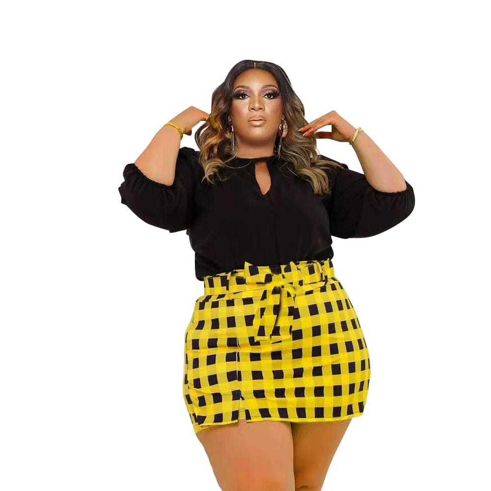 XL / P287232-10 Hot Selling Soft Fabric Plus Size Long Sleeve Top + Plaid Mini Culottes Two Piece Sets
