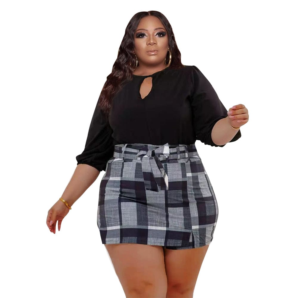 XL / P287232-11 Hot Selling Soft Fabric Plus Size Long Sleeve Top + Plaid Mini Culottes Two Piece Sets