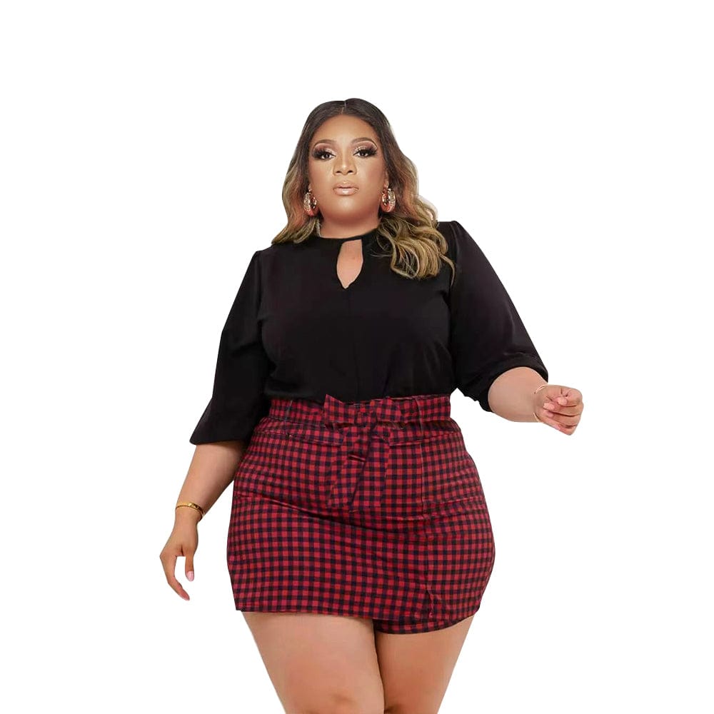 XL / P287232-8 Hot Selling Soft Fabric Plus Size Long Sleeve Top + Plaid Mini Culottes Two Piece Sets