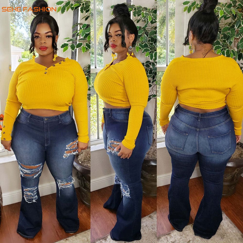 XL / pic2 20805-MX5 new hole design flare pants denim jeans women sehe fashion