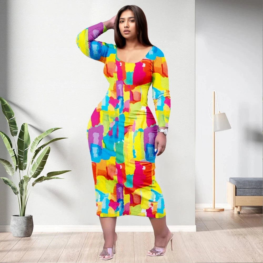 XL / pic2 D1202ME12 2023 New Design Digital Printing Fashion Midi Long Sleeved Dress Sehe Fashion