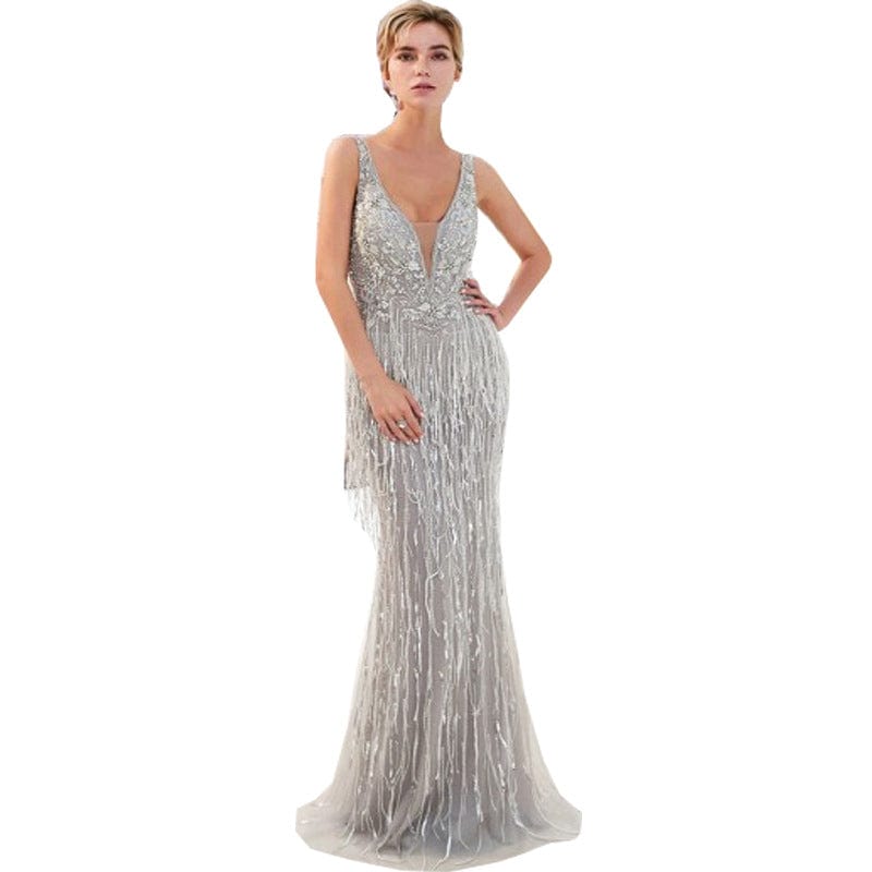 XL / picture / Floor Length Luxury wedding cocktail dresses women elegant bodycon v neck sequin dress fringes bead evening prom maxi dress party gowns