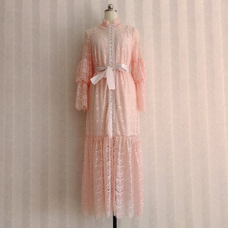 XL / Pink 2022  Spring New Arrivals  Retro Fashion Lace Solid Color Lotus Leaf Sleeve Belt Stand Collar Women'S Dress