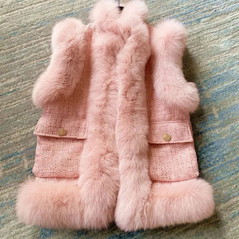XL / Pink 2023 New Arrival Wool Gilets Coats For Ladies Fashion Vest Cashmere Real Fur Coat