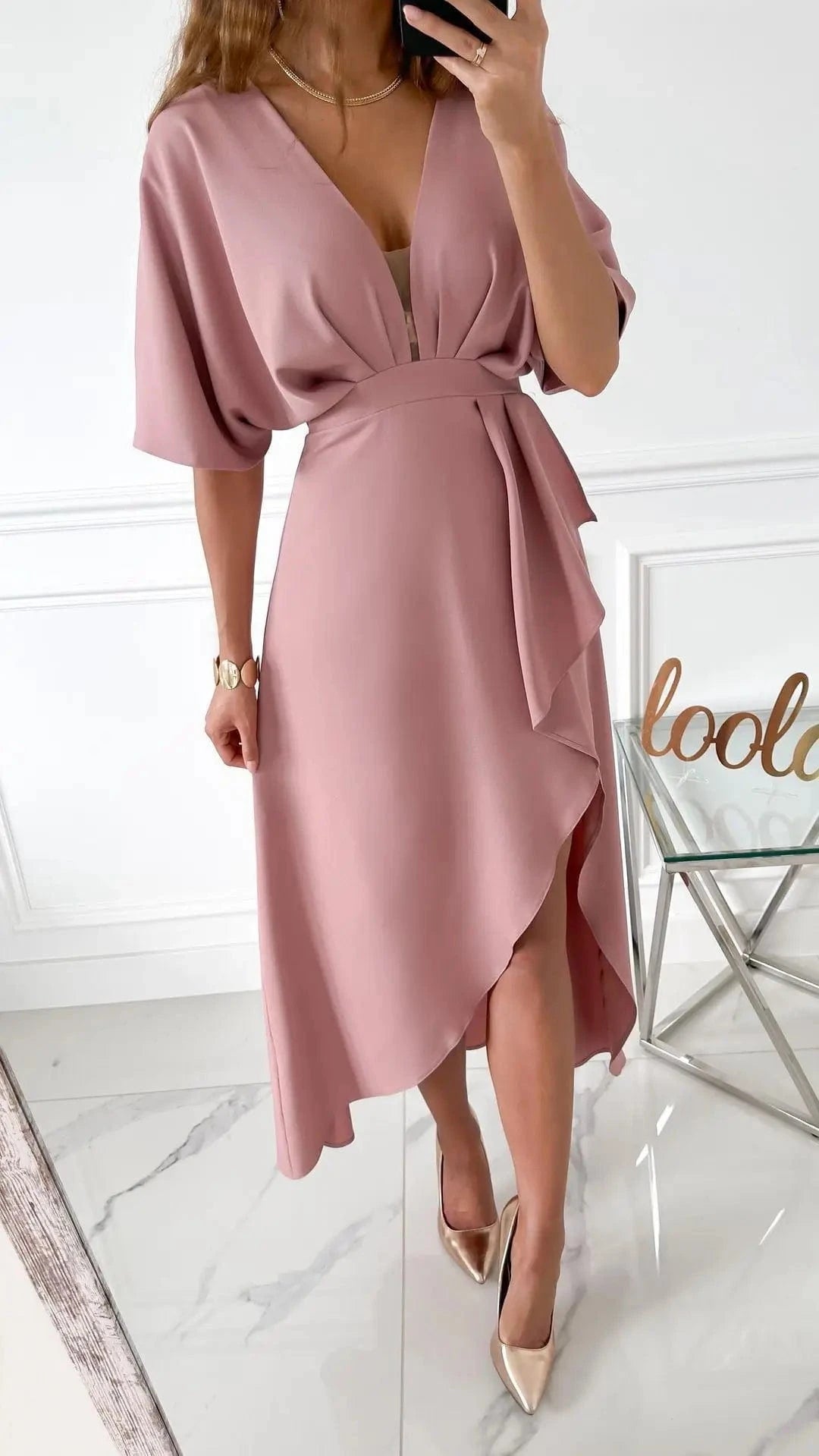 XL / Pink 2023 Summer New European and American Casual V-neck Solid color Irregular dress Dress for women
