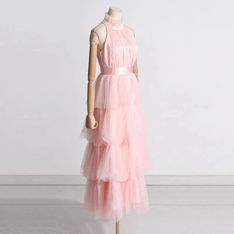 XL / Pink CHICEVER Fashionable Solid Color Halter Sleeveless High Waist Long Women's Dresses 2023