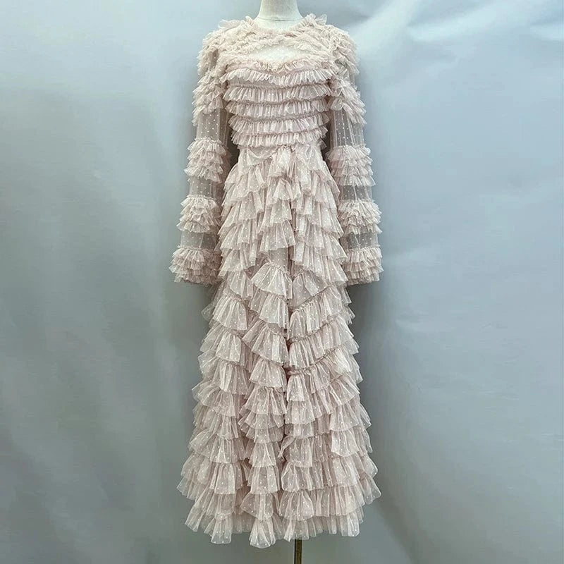 XL / Pink CHICEVER Temperament Patchwork Mesh Long Sleeve Dresses Woman Long Bodycon Dress