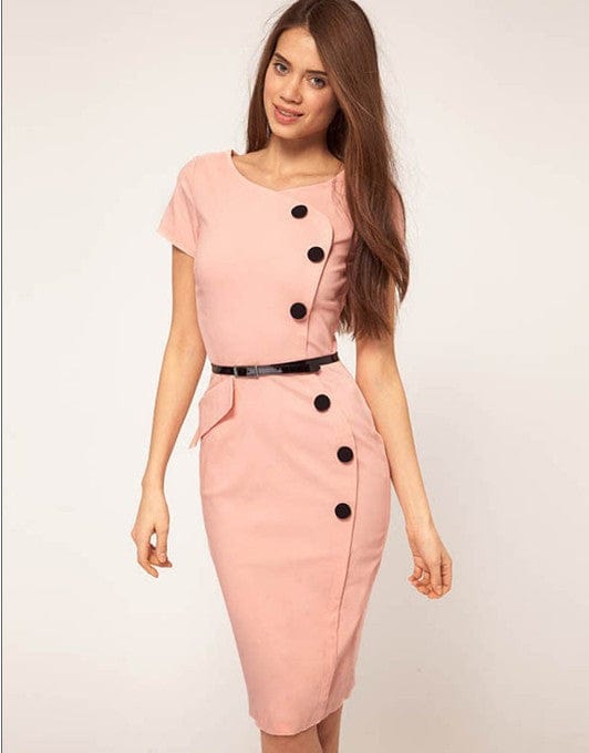 XL / Pink Custom Fashion Women's Formal Elegant Dress With A-line Button Official Pencil Dress Summer Slim Dress Solid Women Fall Kleid