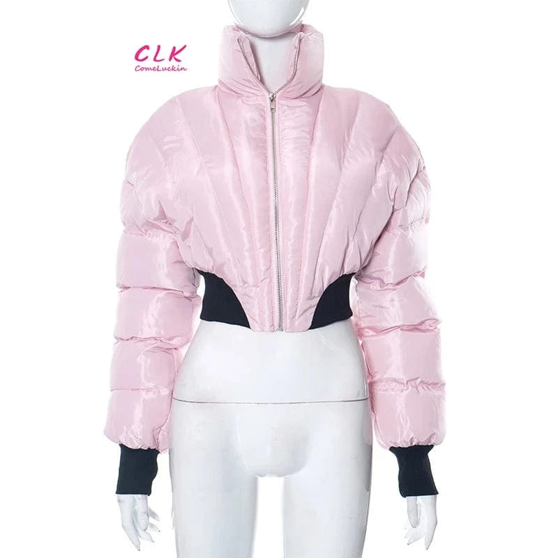 XL / Pink Custom Logo Solid Turtleneck Long Sleeve Zip Up Warm Cotton Y2k Sexy Crop Jacket Coat Winter Gothic Clothes