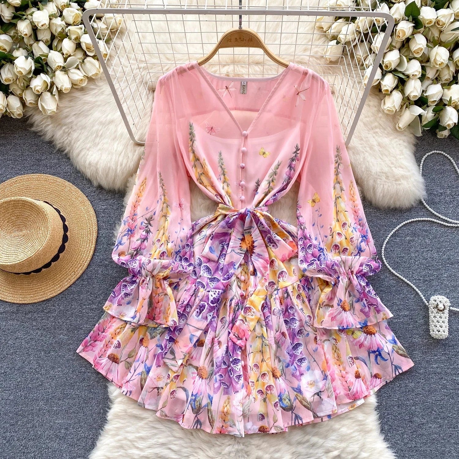 XL / Pink Fashion Summer Print V-neck Ruffled Dress Lantern Sleeve Dress