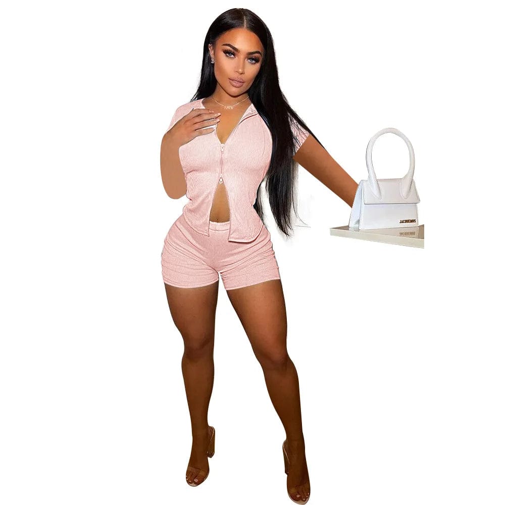 XL / Pink Girl Summer Casual Sweat Ribbed Two Piece Short Set Women Clothing Zip Up Outfits Sexy Ladies Biker Shorts 2 Piece Outfits