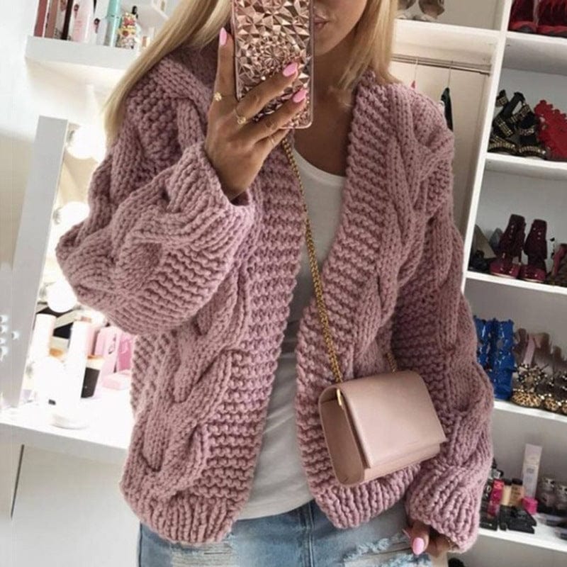 XL / Pink New style sweater women Europe and America rough roughened yarn Fried Dough Twists knitting cardigan sweater women