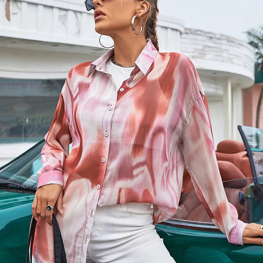 XL / Pink New Summer Women's Top Lapel Tie Dye Print Shirt Single Breasted Long Sleeve Loose Ladies Blouse