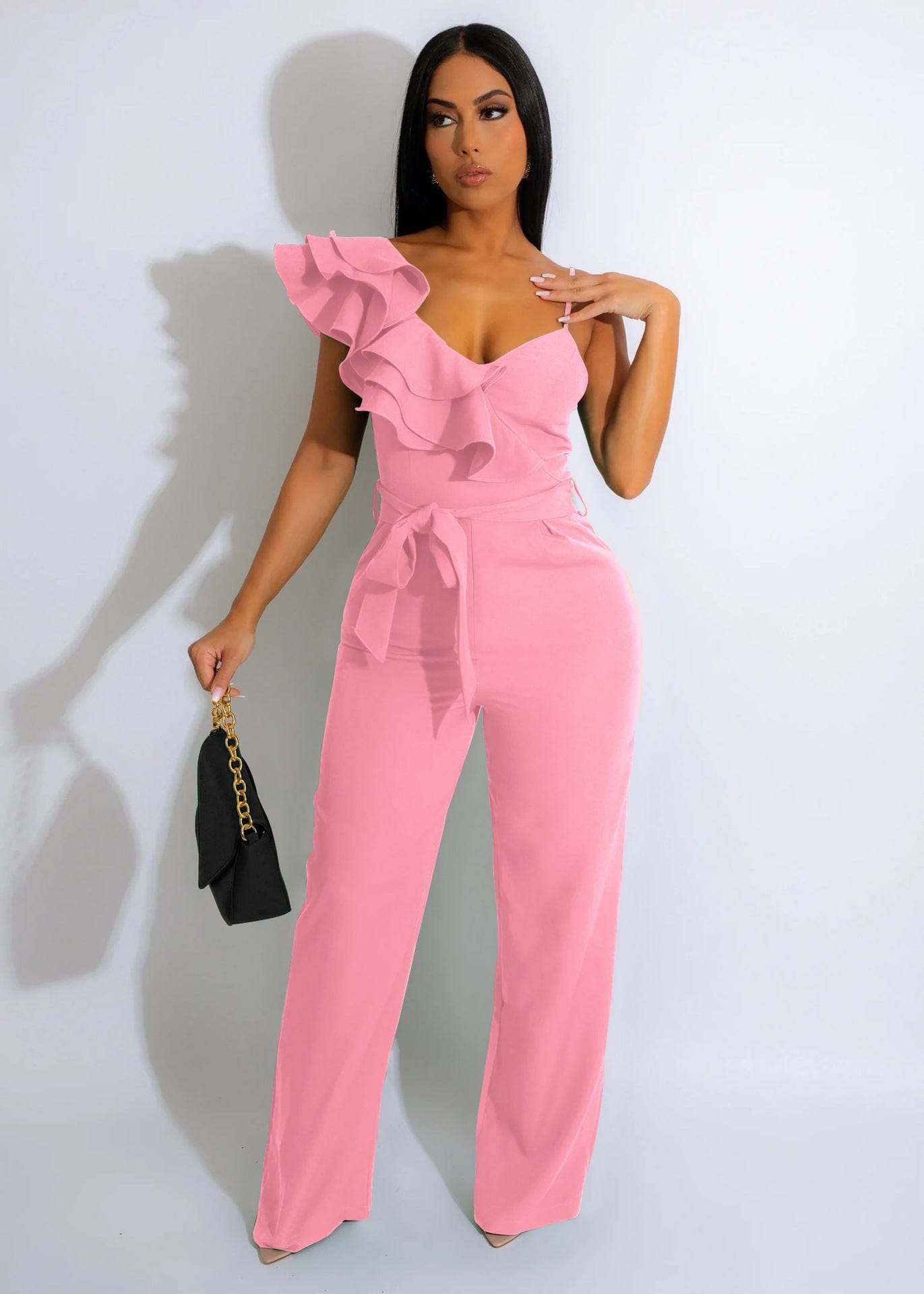 XL / Pink New womens clothing fashion ruffled edge one shoulder sleeveless waist tucked deep V loose ladies solid color one piece jumpsuit