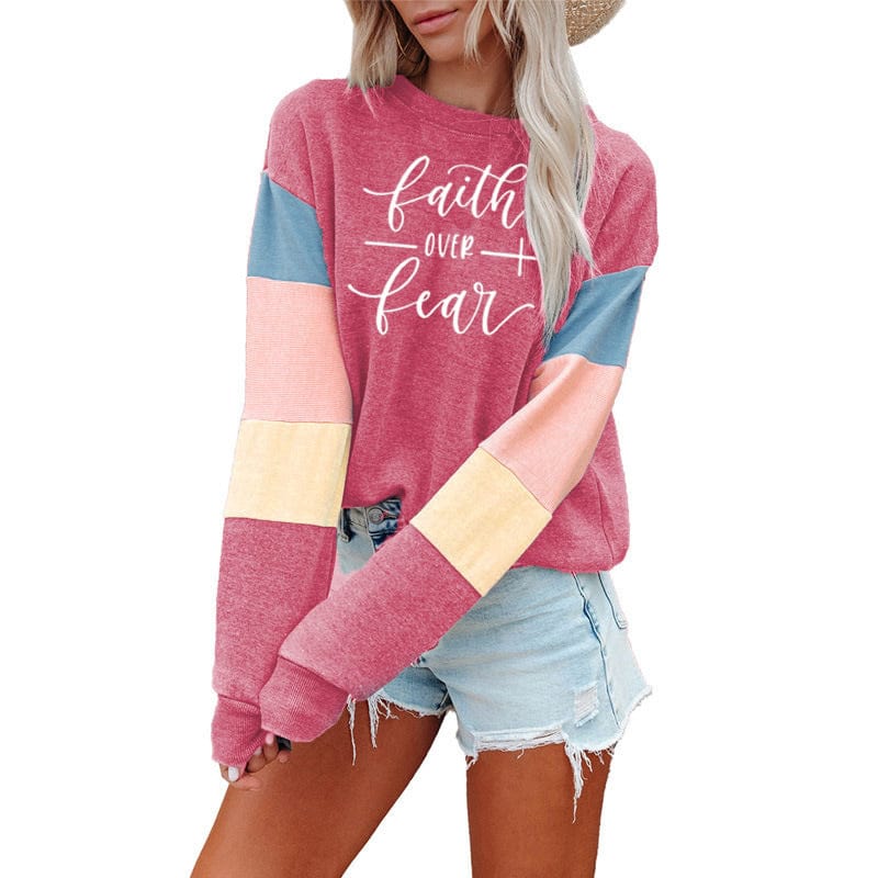 XL / Pink Patchwork Fashion Women Sweatshirt Casual Long Sleeve Pullover Faith Print Crewneck Women logo hoodie  Sweatshirt